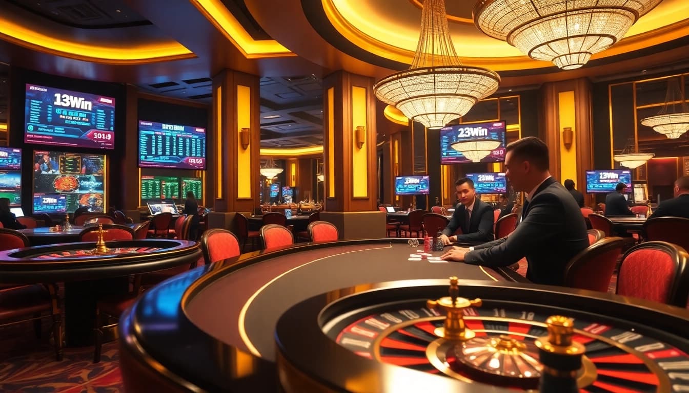 Experience the thrill of 13Win with luxurious casino visuals showcasing poker, roulette, and betting excitement.