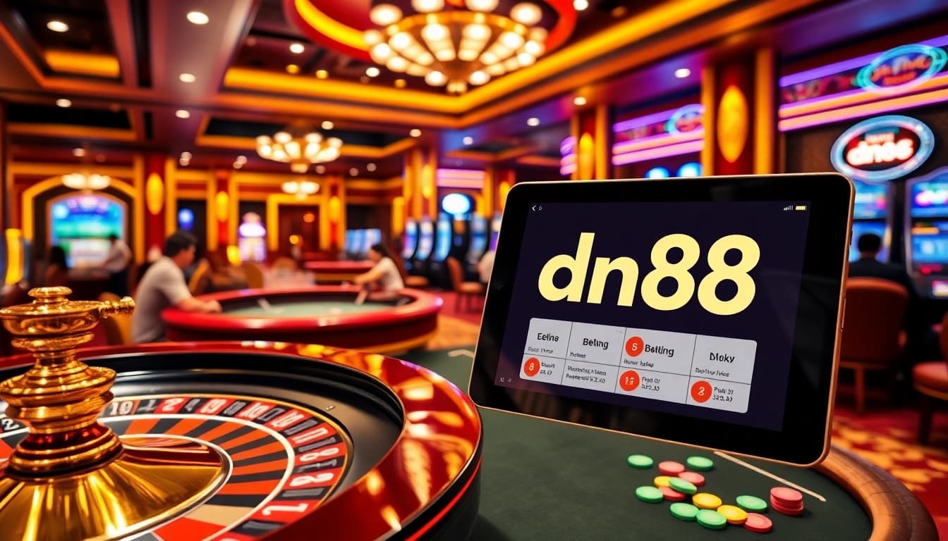 Exciting casino scene with players at tables and digital betting slip featuring dn88.