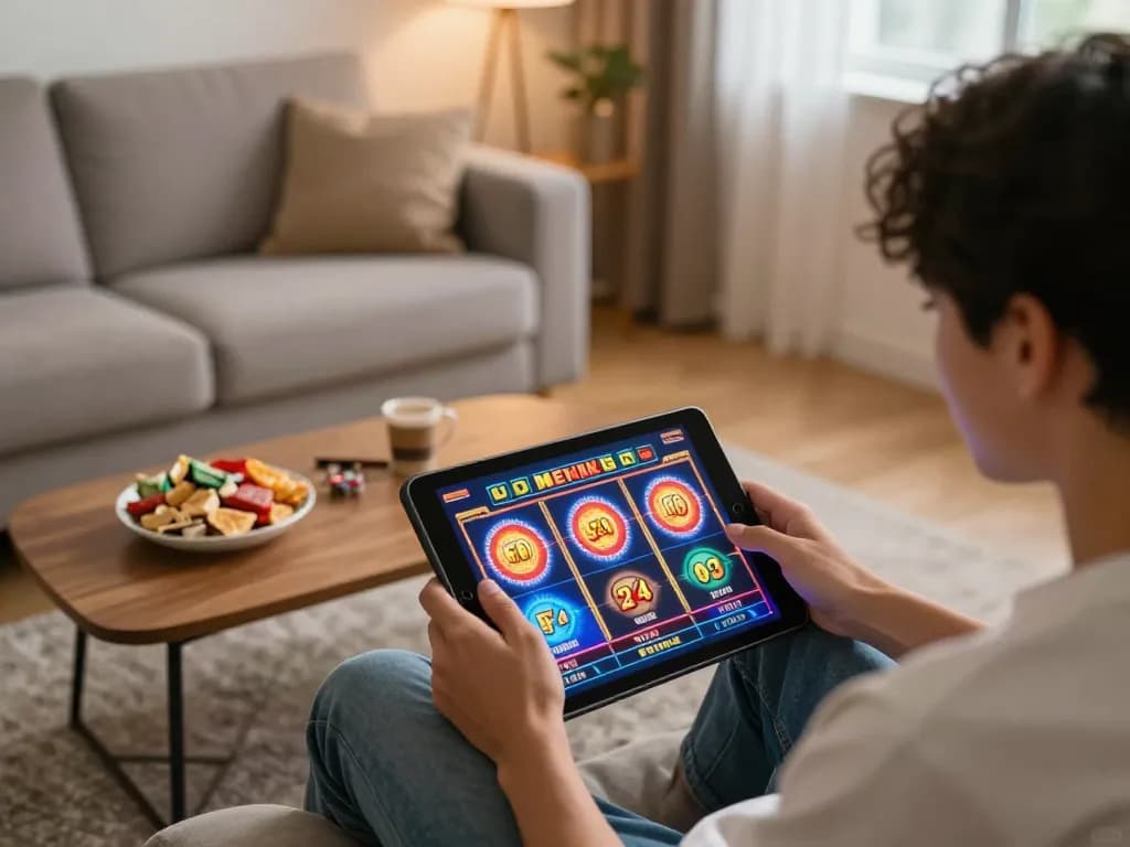 Engaging with slot online games on a tablet in a cozy home setting, highlighting responsible gaming.