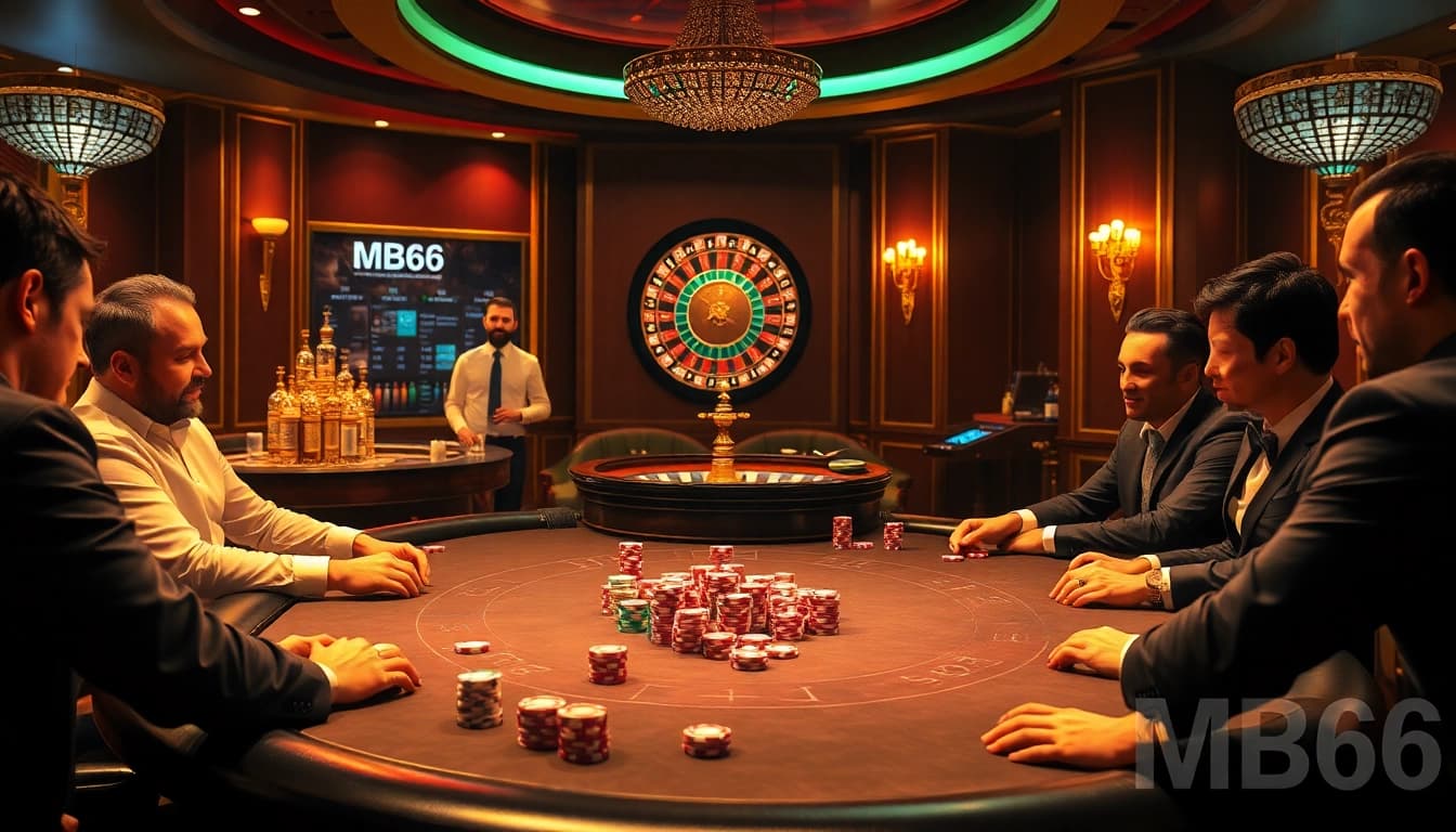Players strategize their bets at an elegant poker table in the MB66 casino.