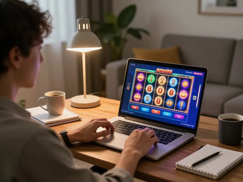 Player enjoying engaging slot88 action on laptop in a cozy home setting, showcasing online gaming.
