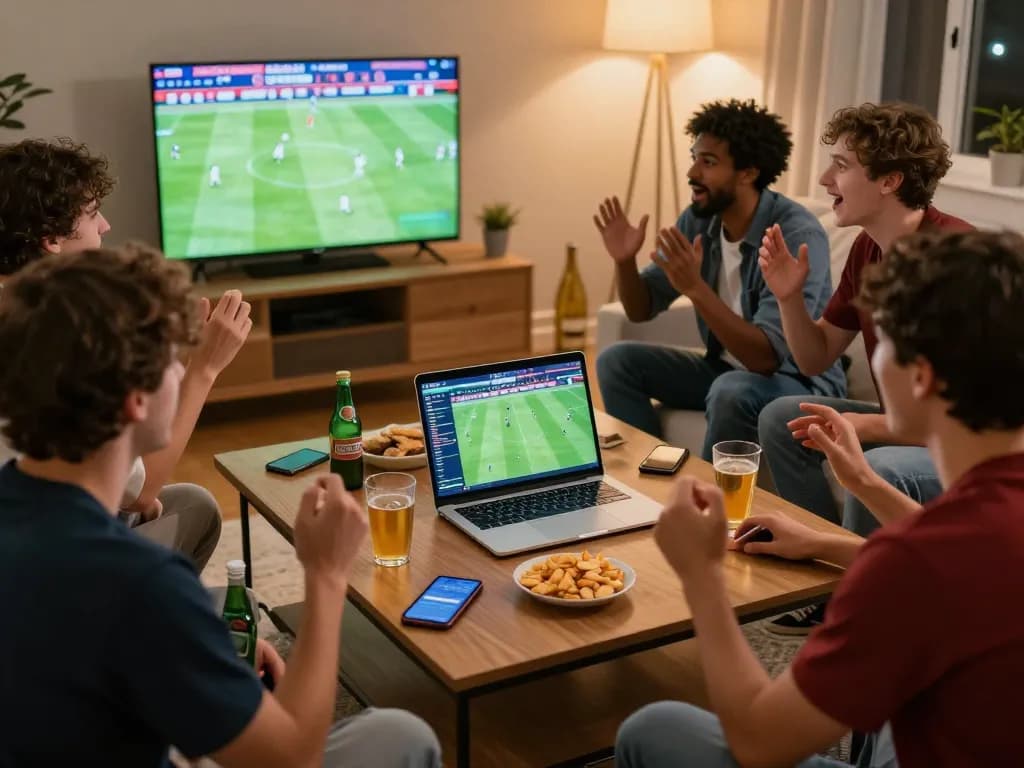 Engaging moment of friends enjoying trực tiếp bóng đá hôm nay while placing sports bets together.