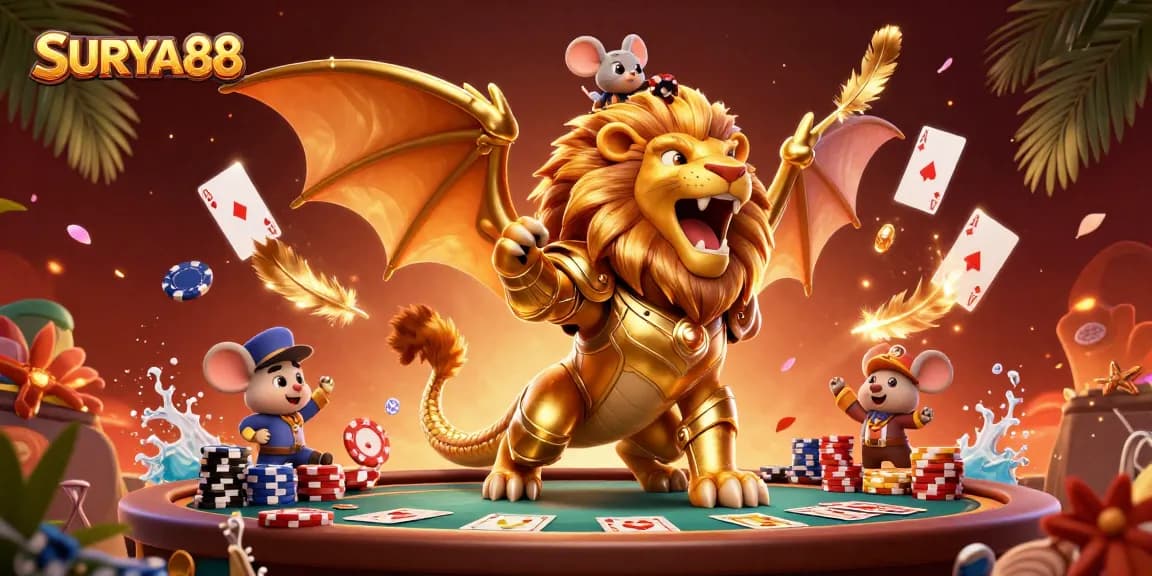 SURYA88 showcases a victorious chimera and mouse jockey in an epic poker scene, surrounded by floating cards and chips.