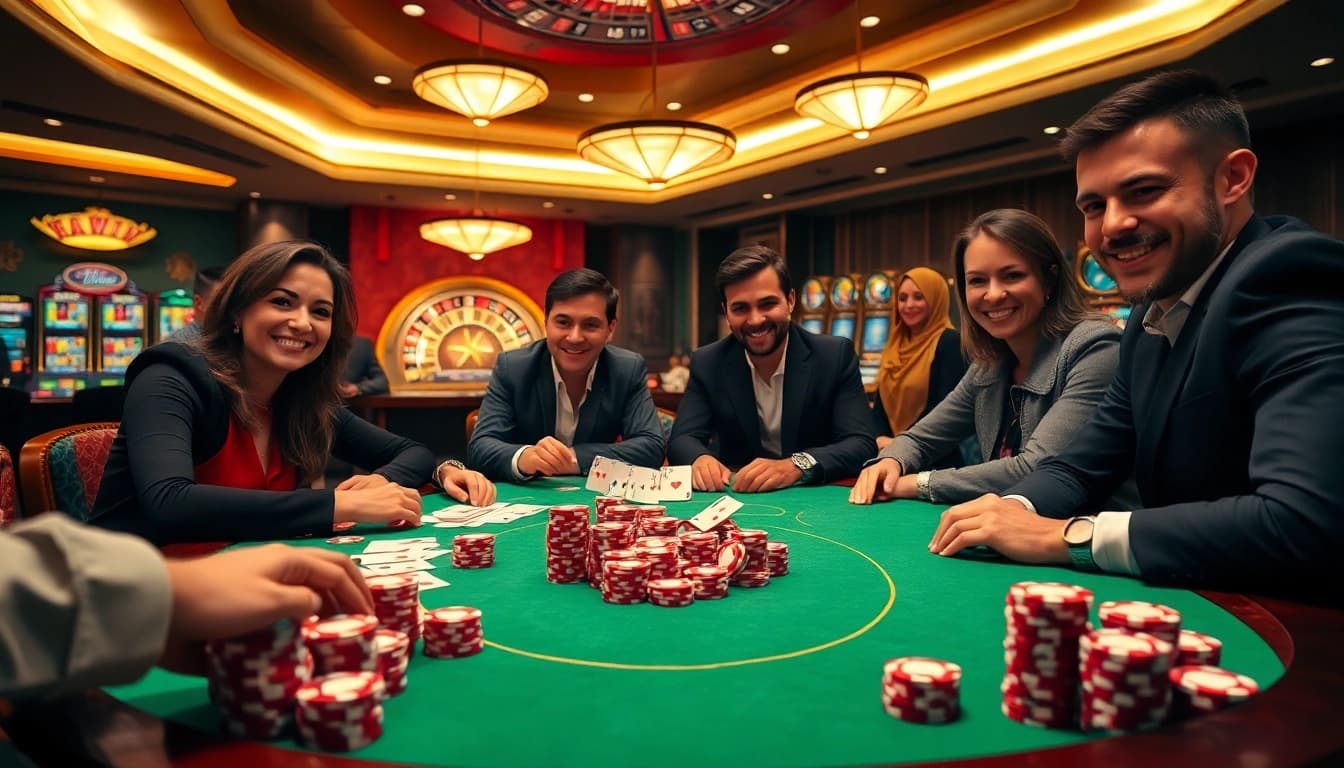 Players engaging in high-stakes poker action at Haywin casino, showcasing excitement with chips and cards.