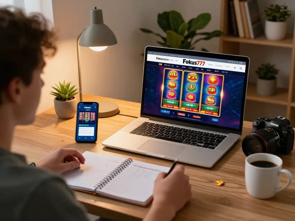 Person enjoying online gambling on Fokus777, showcasing a cozy home gaming setup with strategy notes and a laptop.