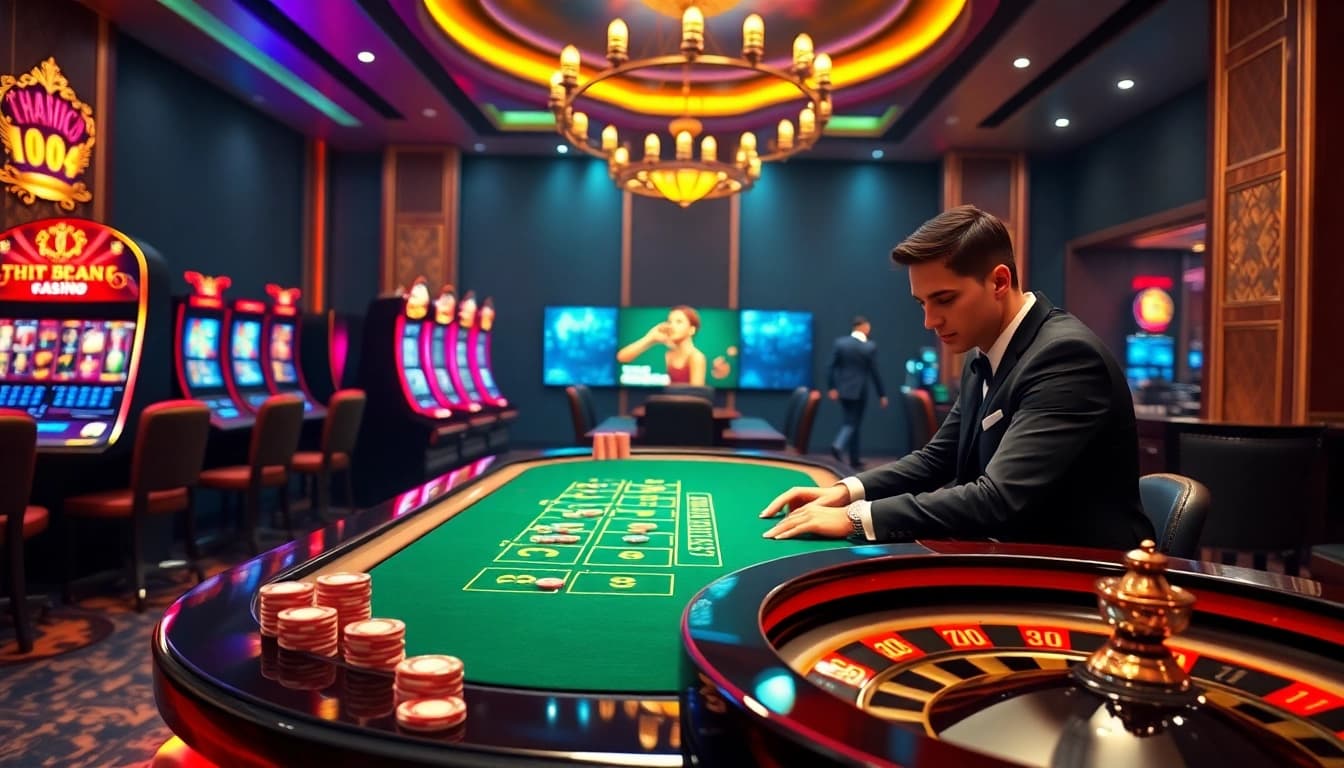 Experience the thrill of RR888 at a luxury casino table with vibrant slot machines.
