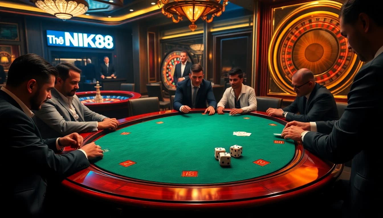 Experience thrilling gameplay at NK88 with players strategizing at a stunning poker table.