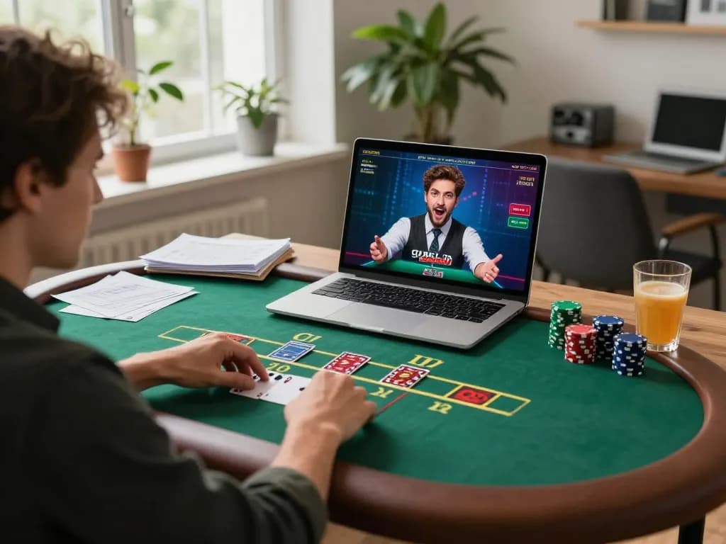 Player immersing in live blackjack action on bem88 platform with notes and drinks in cozy workspace.