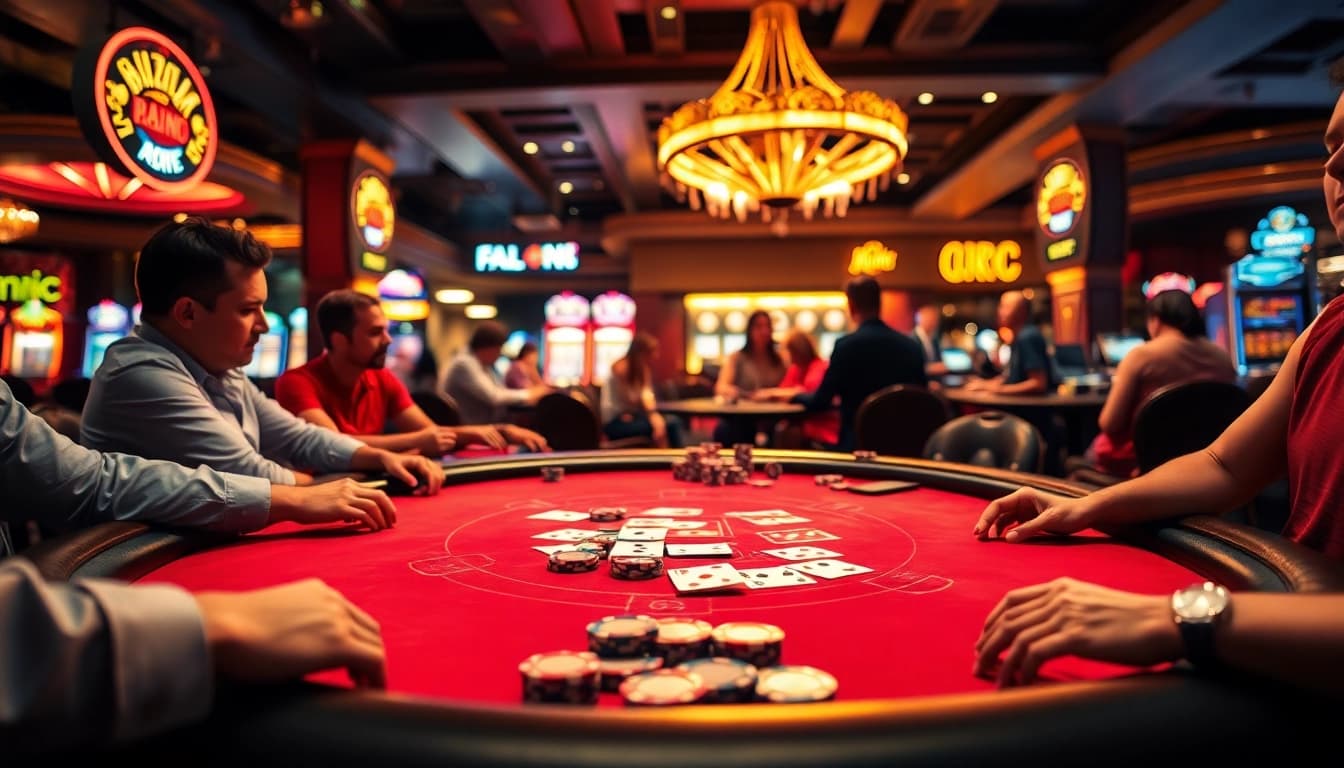Engaged players at a vibrant casino poker table immersed in gameplay and excitement.