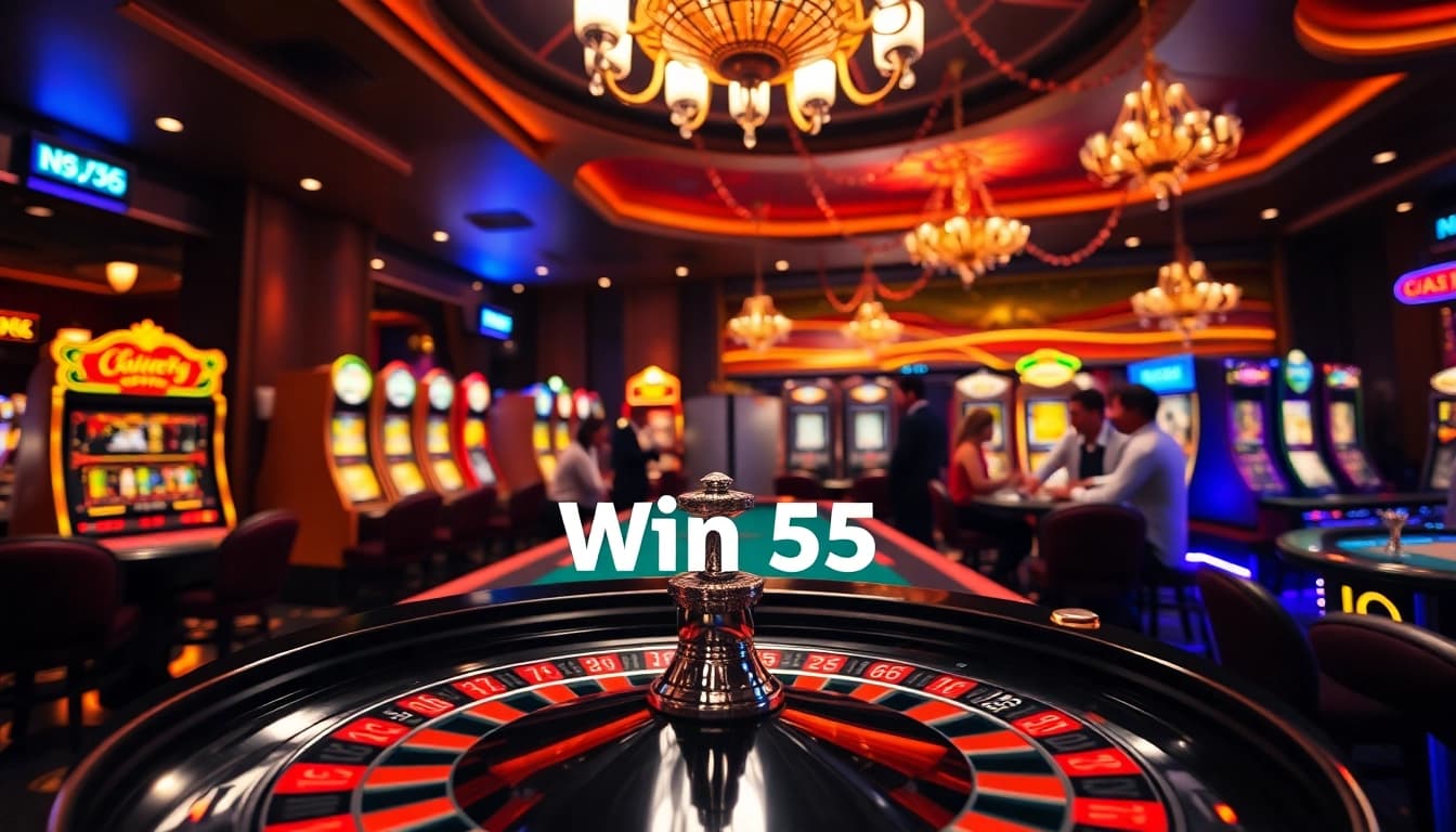 Winning moments at Win 55 casino with vibrant tables and excited players.