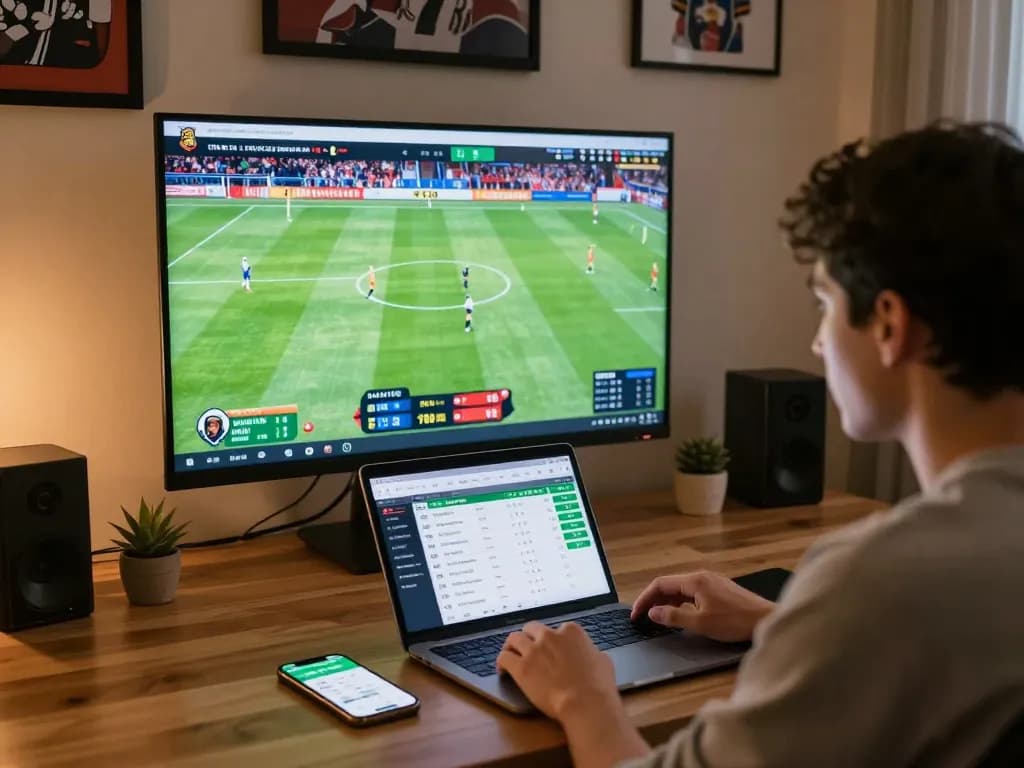 KQBD sports betting scene showing a person monitoring live game odds on multiple devices at home.