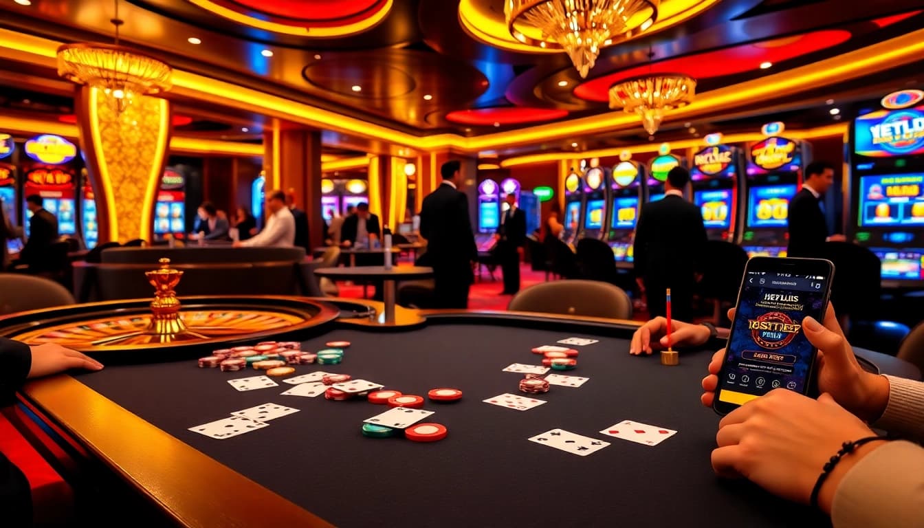 Engaging gambling scene with players at a poker table and the https://68vip.plus/ app interface on a smartphone.