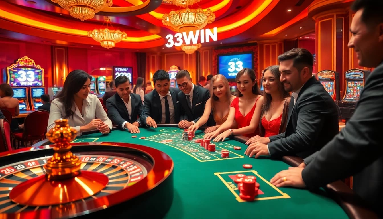 Players celebrate winnings at a luxurious 33WIN casino, surrounded by vibrant gaming tables and slot machines.