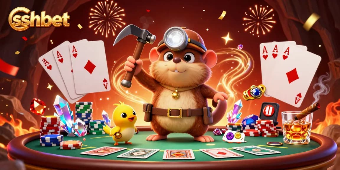 Join the thrilling action at sshbet with a treasure hunter mole searching for gems in a dynamic casino scene.