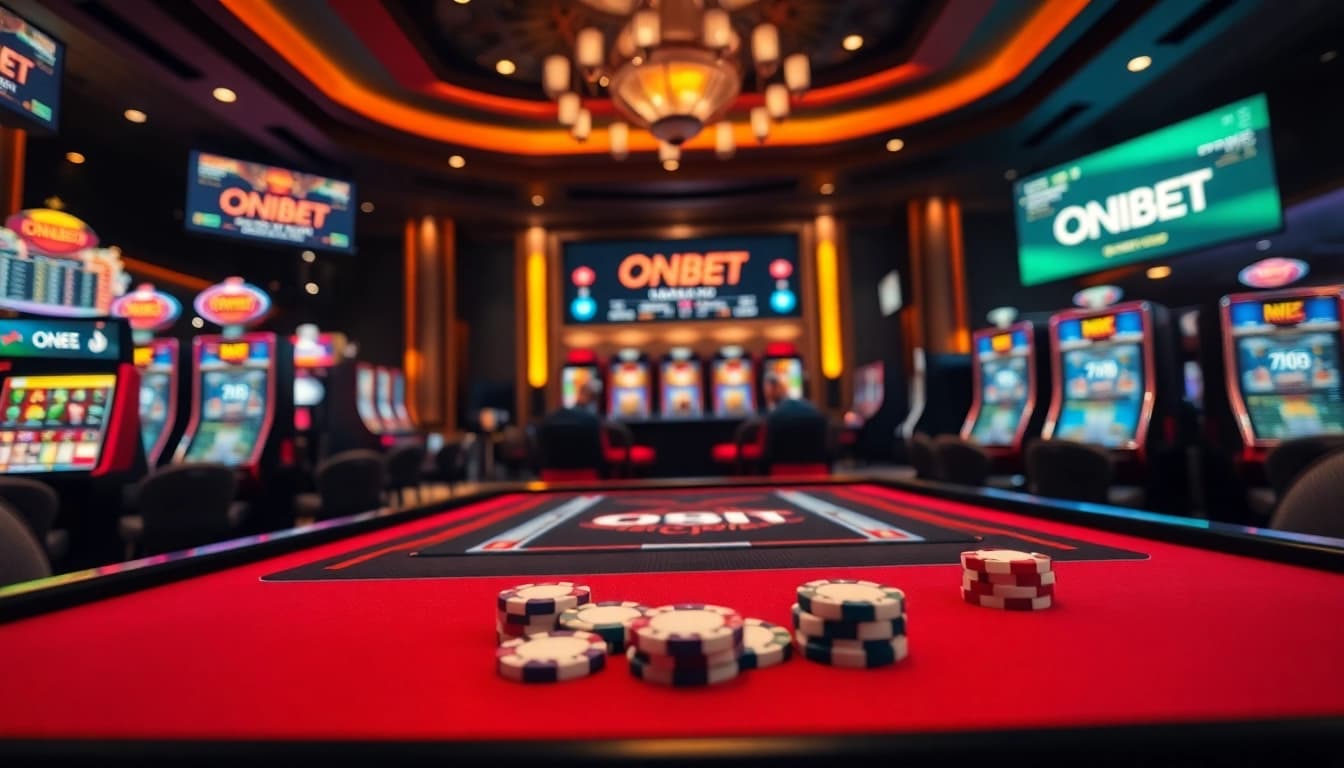 Experience the excitement of ONBET with a lively casino scene depicting modern gambling elements.