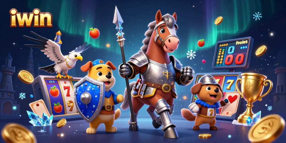 Experience exciting iwin casino action through an illustrated adventure with knights, slots, and gold coins.