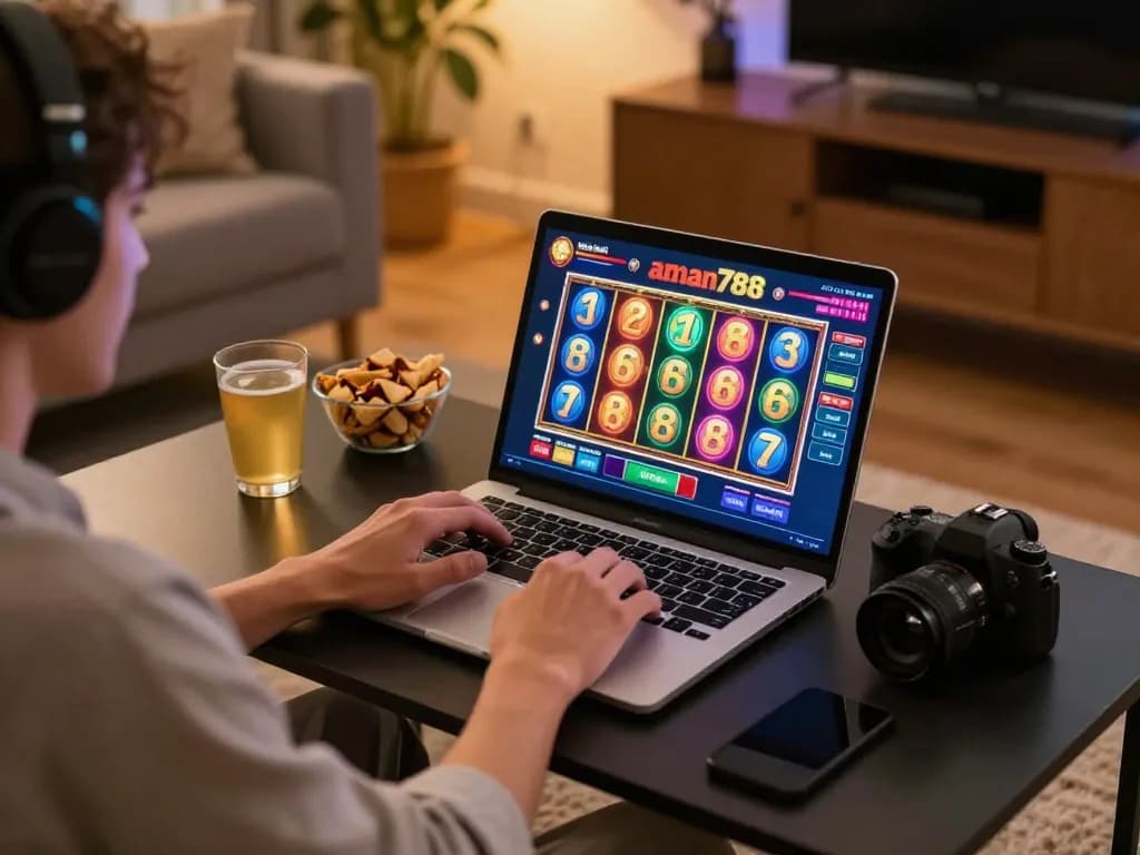Seorang pemain terlibat dengan gembira dalam aman788 slot online, memutar gulungan berwarna-warni dalam pengaturan permainan yang nyaman.