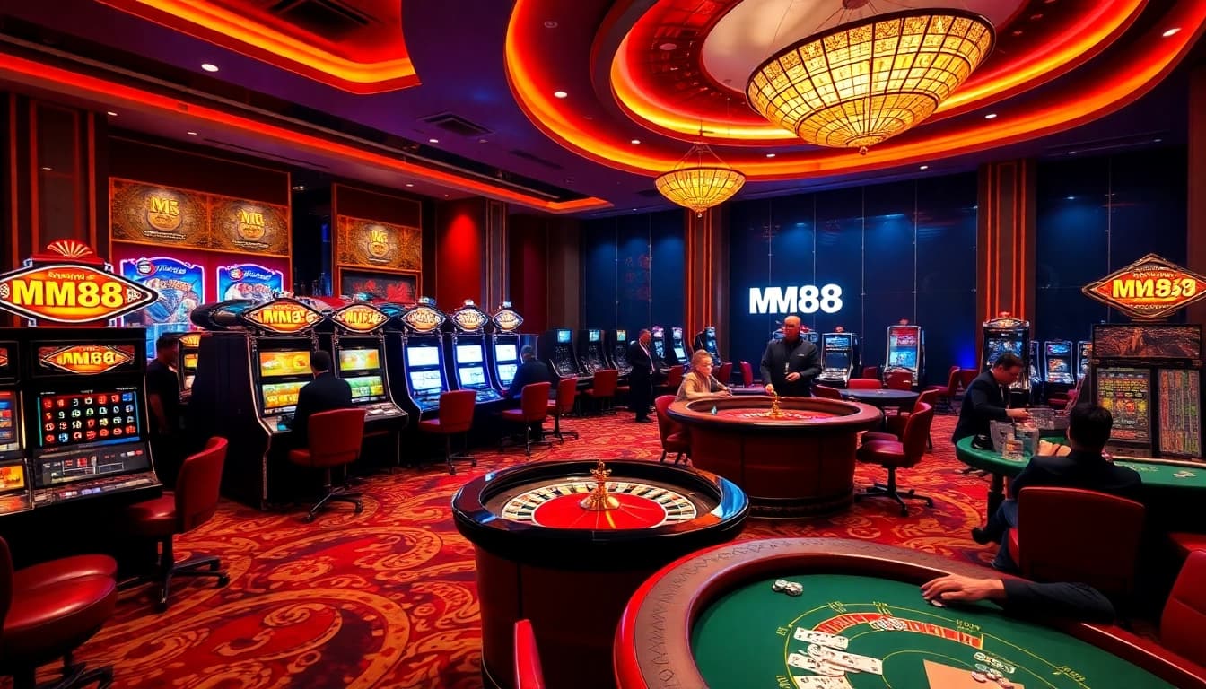 Players experience the excitement of gambling at MM88 casino tables with vibrant slot machines.