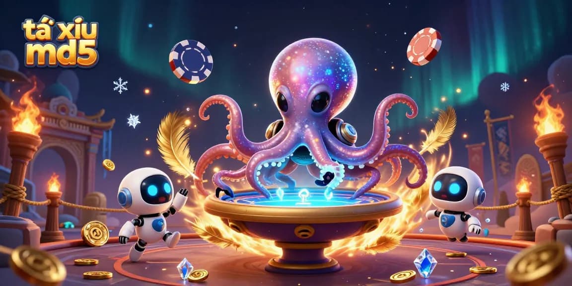 Engage in thrilling tài xỉu md5 gameplay, featuring a vibrant alien octopus and a dynamic poker scene.