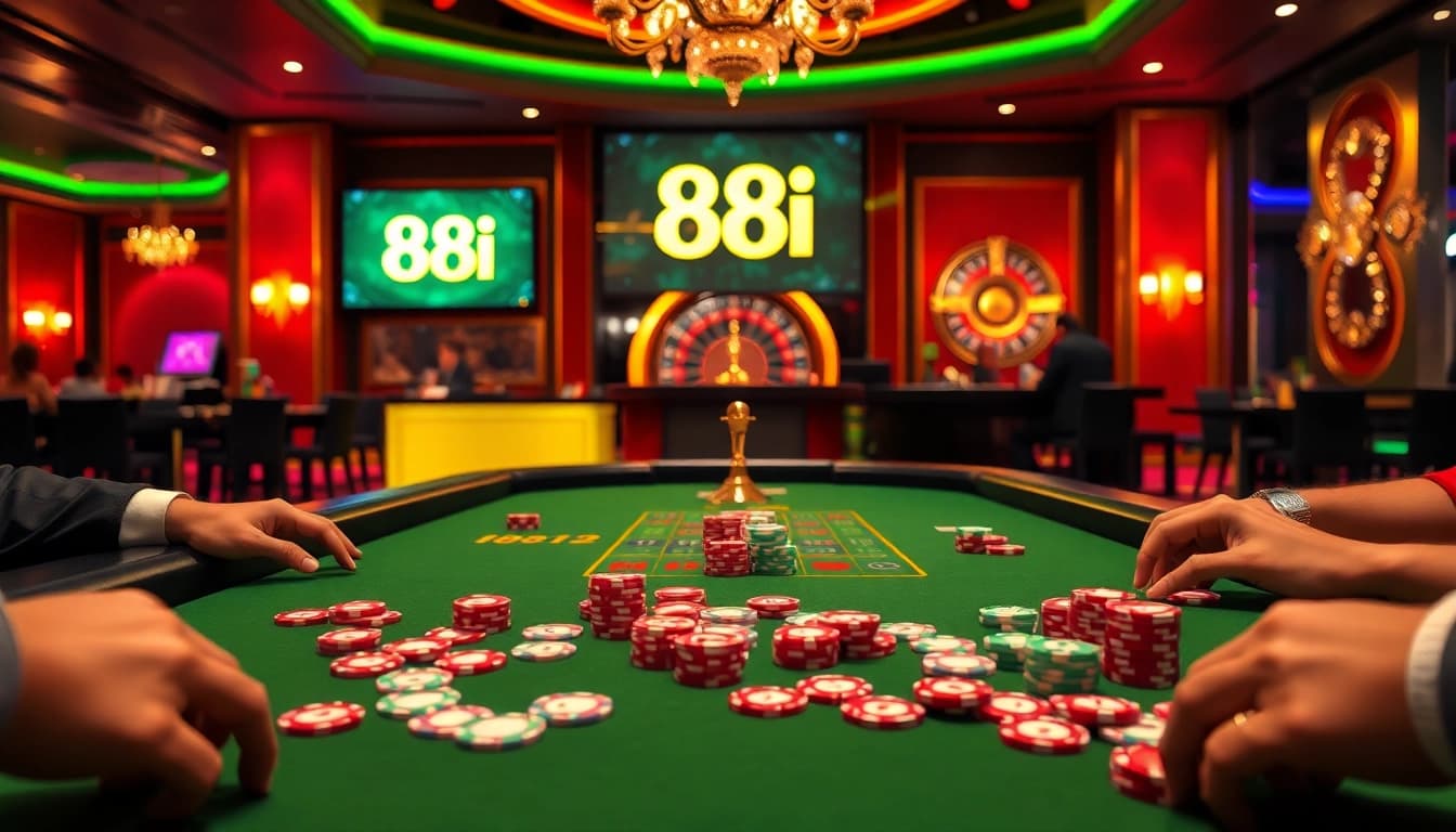 Exciting gambling action at a luxurious casino featuring 88i poker table and chips.