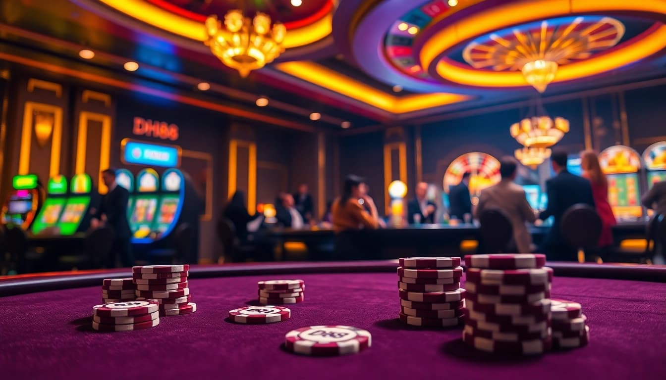 Experience the thrill of gambling with DH88-themed poker chips at a vibrant casino table.