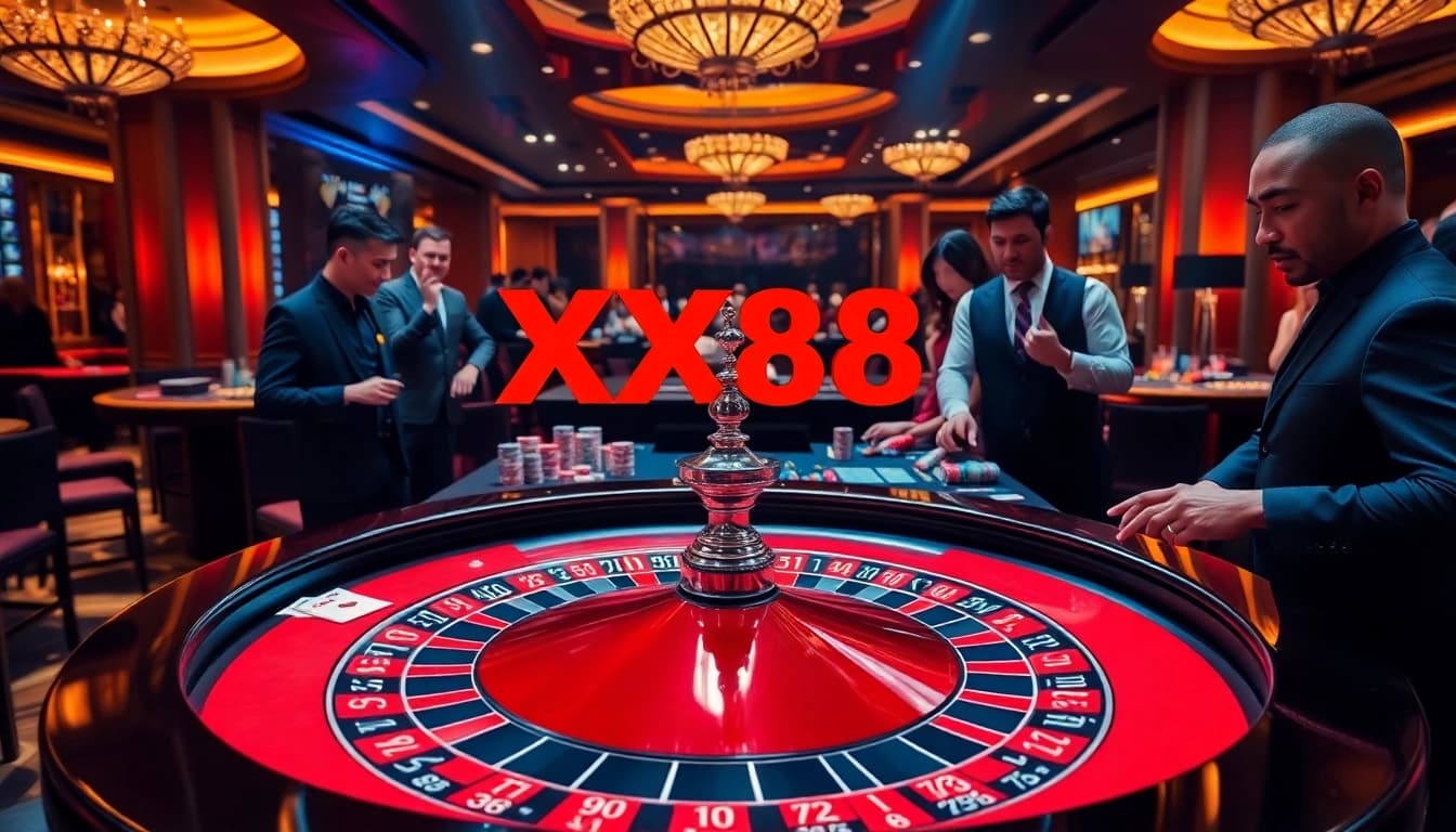 Players enjoying dynamic gaming at XX88 casino with roulette, chips, and cards.