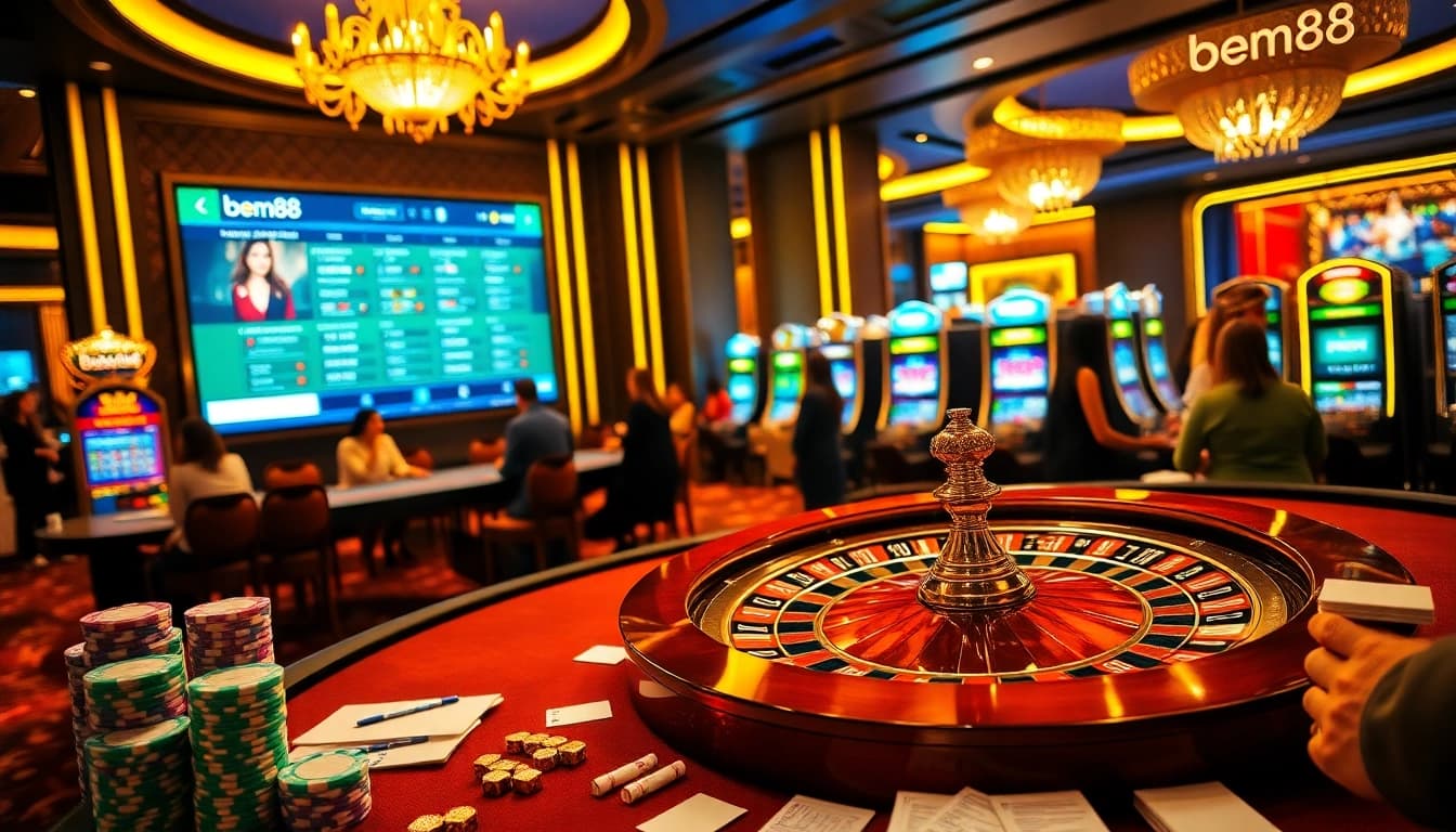 Experience the excitement of gambling at bem88 with colorful poker chips and a vibrant casino atmosphere.