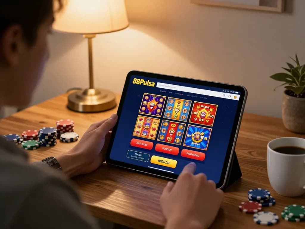 Berkolaborasi dengan aplikasi kasino online 88Pulsa selama sesi permainan santai di rumah.
