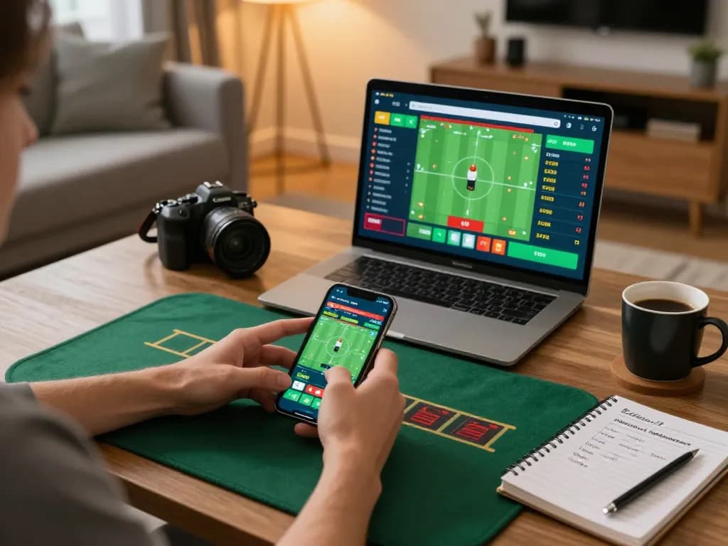 Person using a smartphone for live sports betting on 789F in a cozy modern setting.