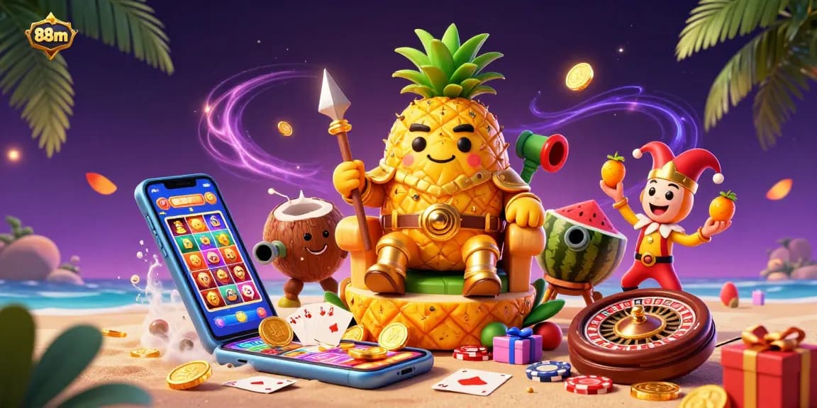 Experience winning at 88m with a vibrant casino scene featuring a pineapple king and dynamic game elements.