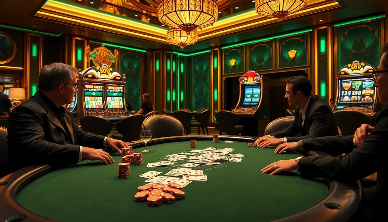 Engage in high-stakes gambling at luxury12's premium casino, showcasing vibrant poker games with sophisticated players.