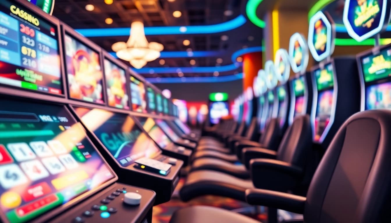 Erlebe spannende casino online spiele in einem modernen Casino mit leuchtenden Spielen und Karten.