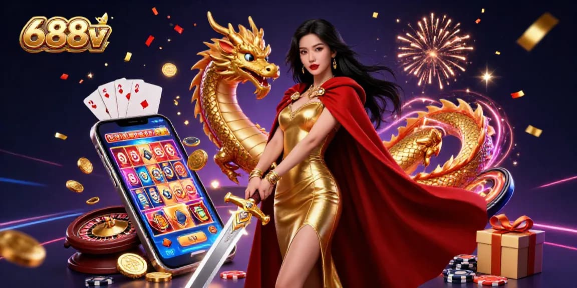 Experience the excitement at 688v with a mesmerizing slots scene featuring vibrant characters and casino elements.