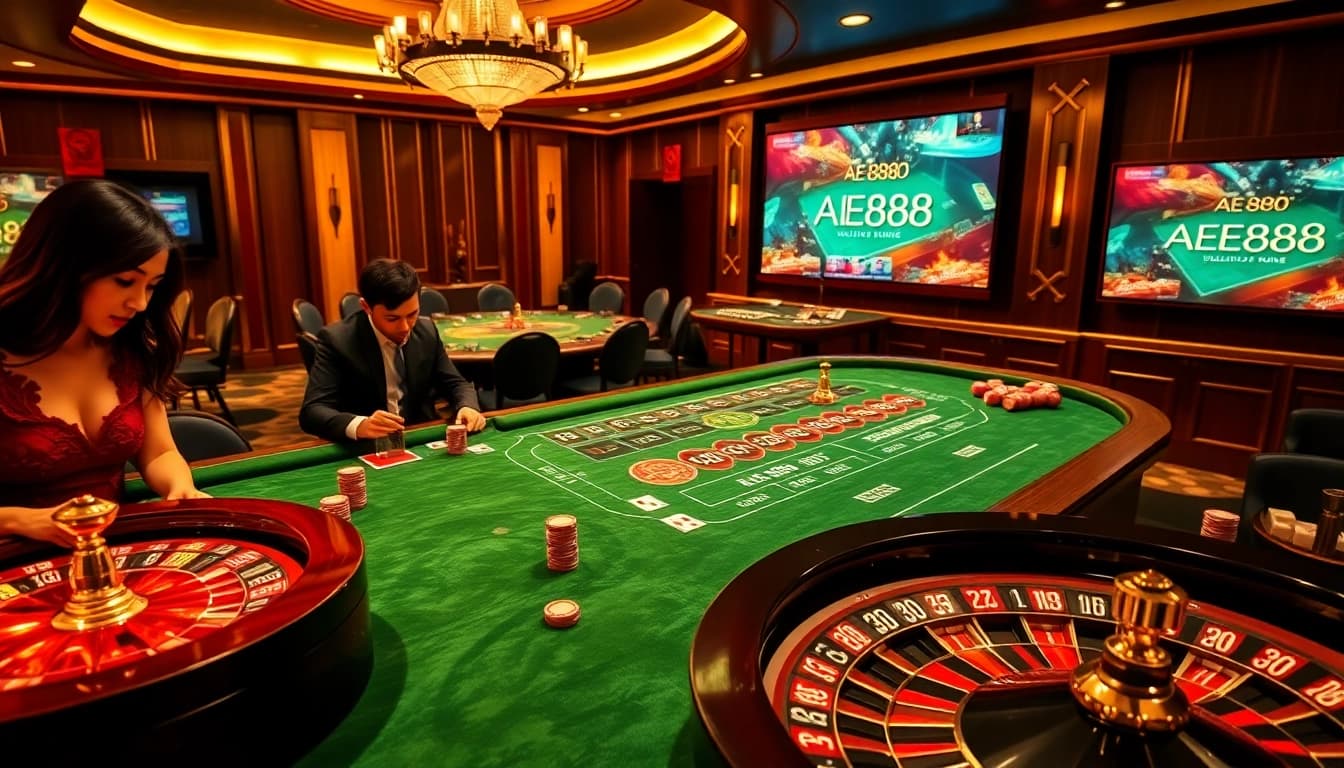 Players enjoying high-stakes games at AE888's luxurious casino tables.
