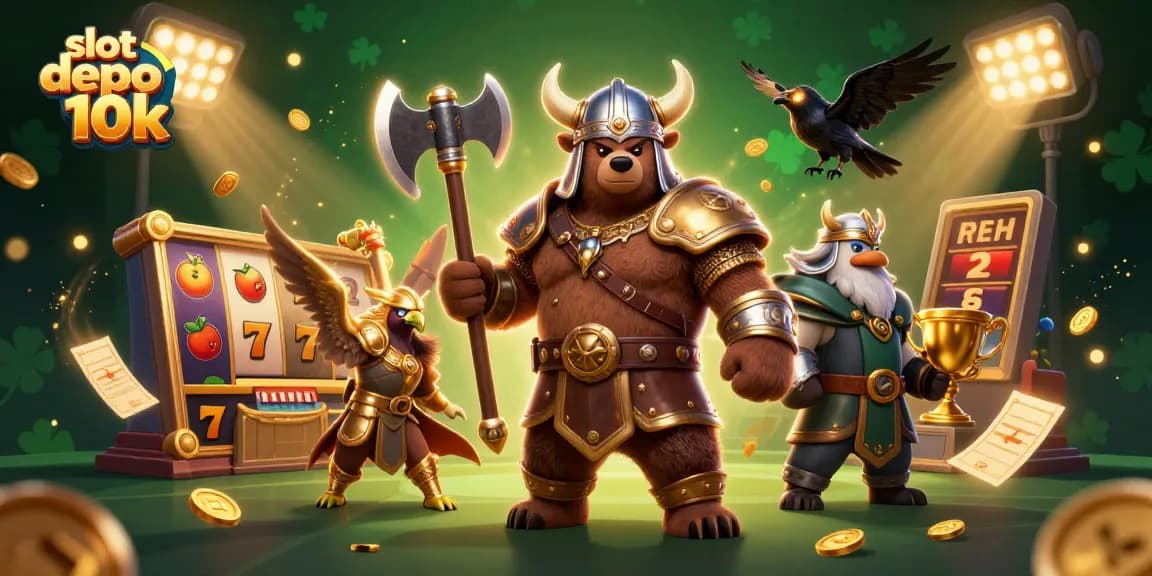 Engage with slot depo 10k featuring a Viking bear and Valkyrie, surrounded by festive casino elements.