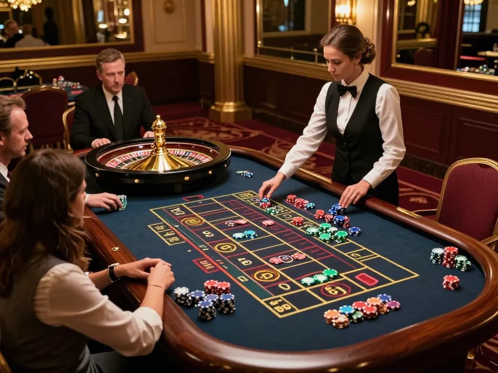 F168 roulette table experience with croupier spinning wheel and engaged players in a luxurious casino environment