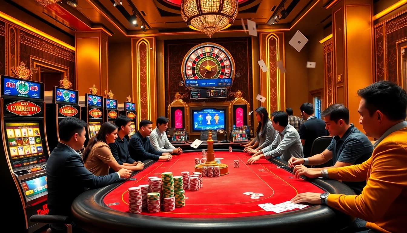 Engaged players at a trang web cá cược with colorful poker chips and vibrant slot machines.
