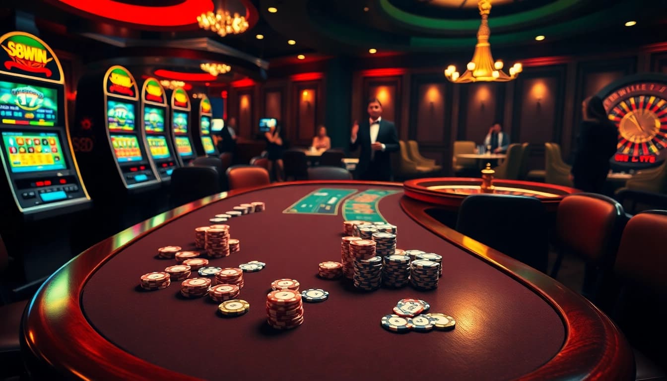 Exciting casino scene showcasing poker chips and roulette wheel at 58win com.