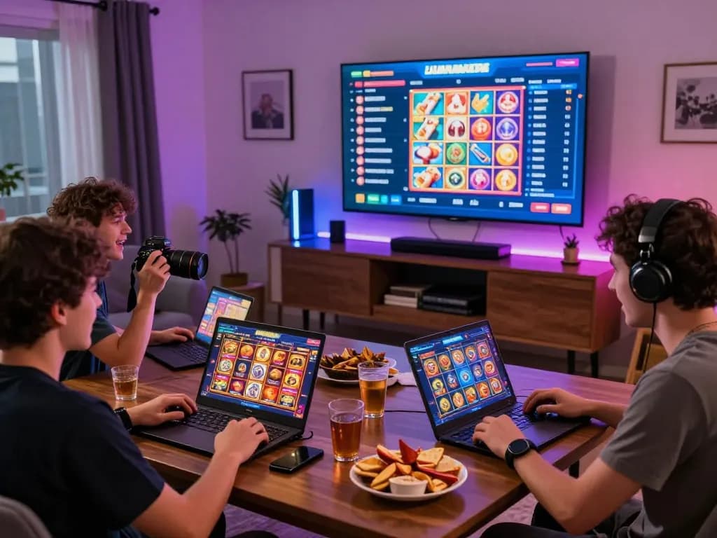 Pemain menikmati slot online laoban188 dalam suasana permainan yang hidup dengan cahaya yang cerah dan kegembiraan