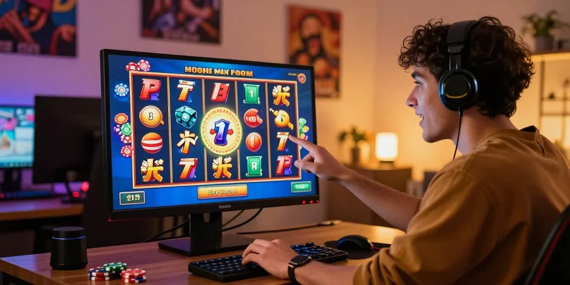 Player engaged with vibrant bonus buy slots at home gaming setup, showcasing excitement.