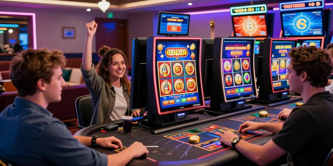 Exciting gameplay at credit card casinos with diverse players and vibrant slot graphics