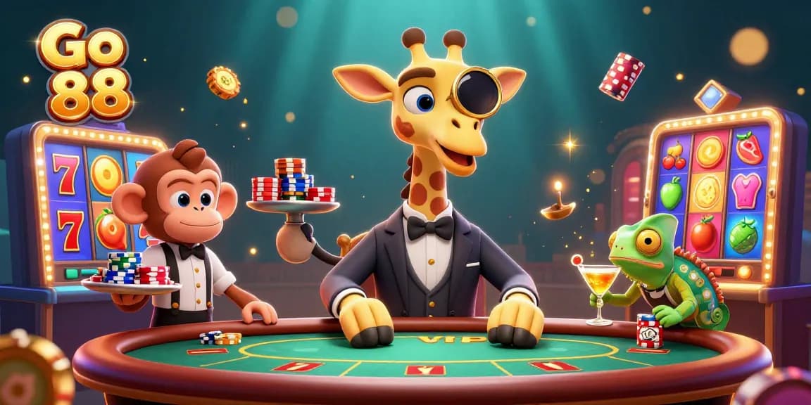Engage in thrilling gameplay with Go 88 as a giraffe high-roller in a lively casino scene.