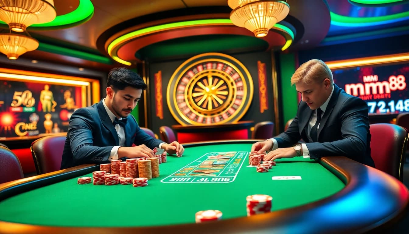 Experience the exciting world of nhà cái mm88 with dynamic poker action at a lavish casino table.