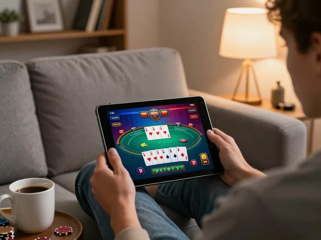 KJC player enjoying online poker game on tablet in stylish home setting