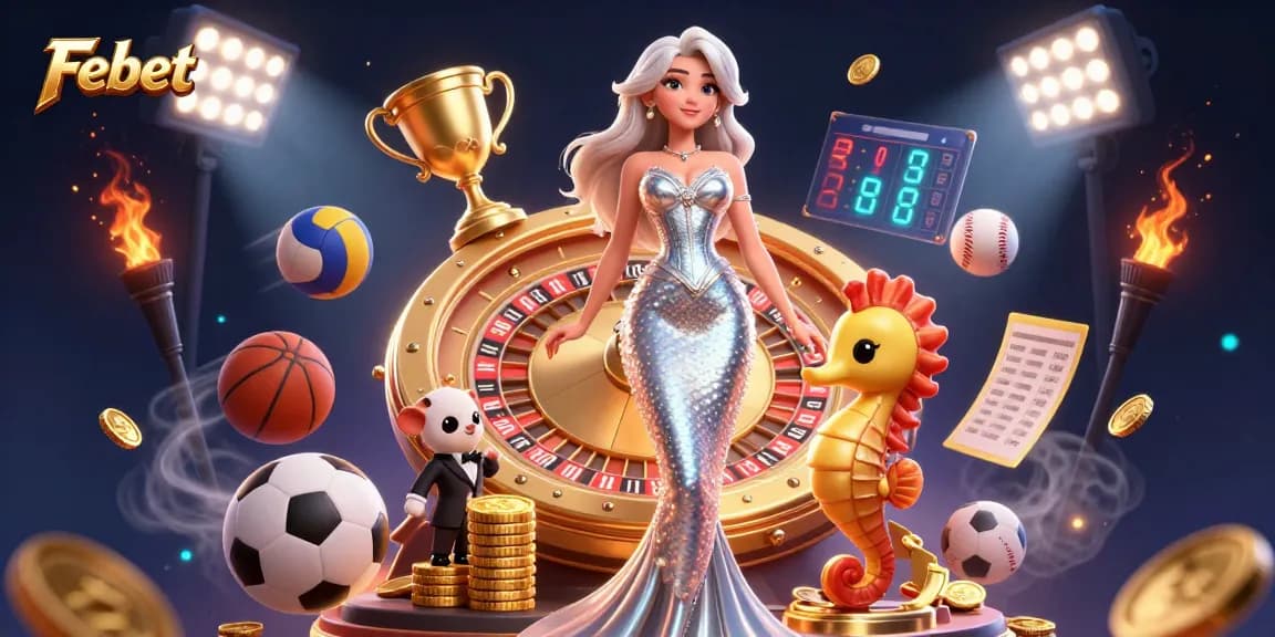 Febet captures the excitement of betting with a dazzling mermaid and vibrant sports elements.