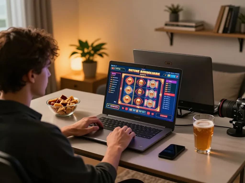F168 player enjoying engaging online casino games in a cozy setup while managing bankroll in a strategic lifestyle.