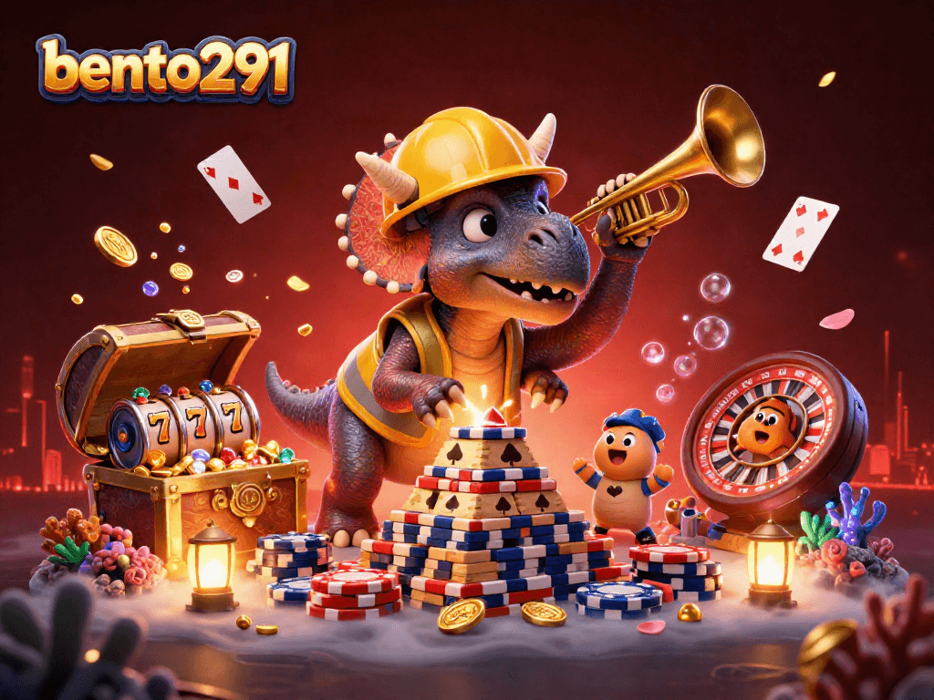 Engage with bento291 as the triceratops builds a playful poker chip pyramid amidst vibrant casino elements.