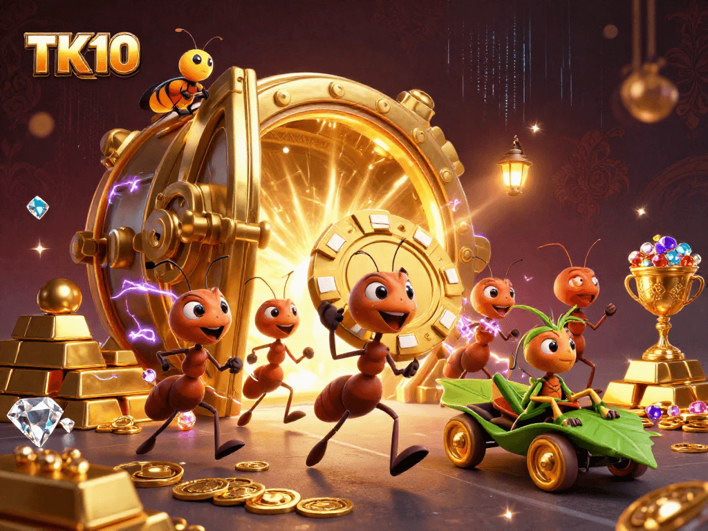 Engage with TK10's gaming adventure featuring cartoon ants heisting a giant poker chip amidst sparkling treasures.