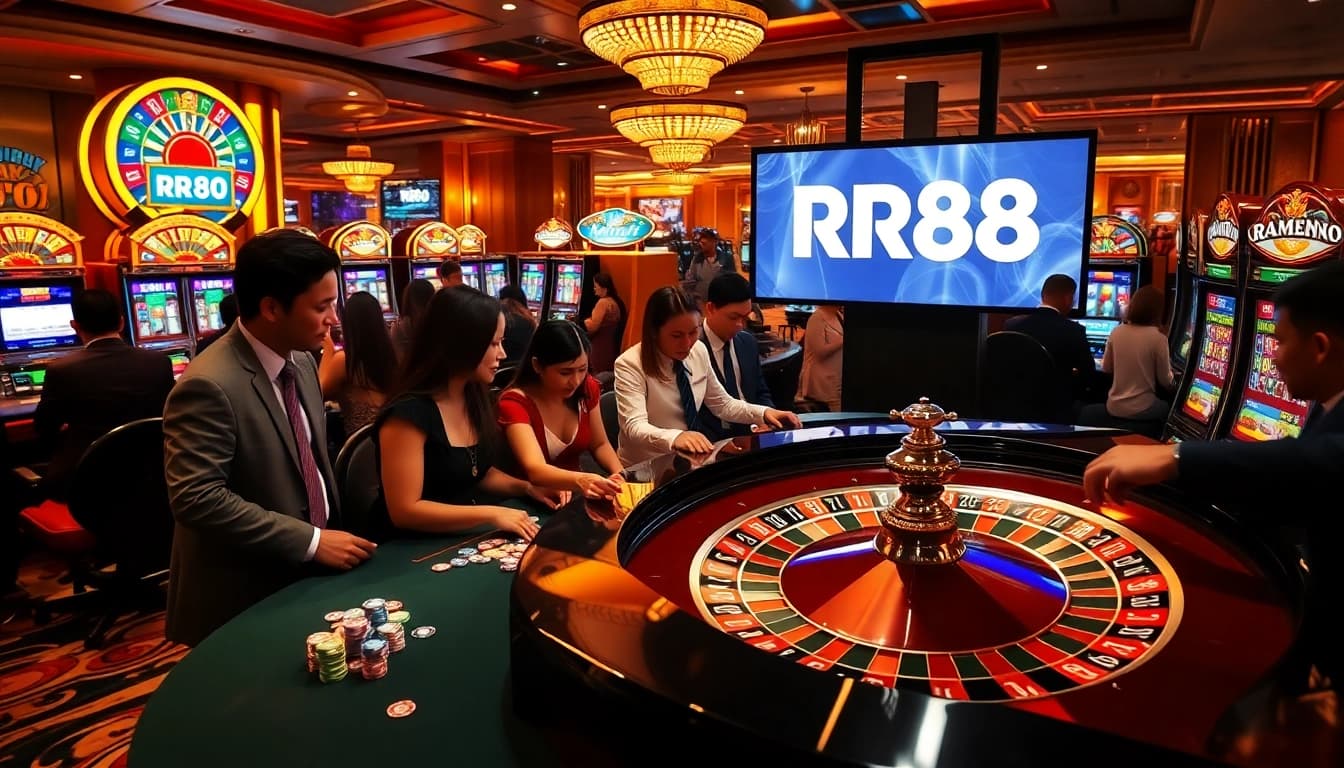 Players at RR88 casino joyfully celebrating wins at a roulette table and slot machines.