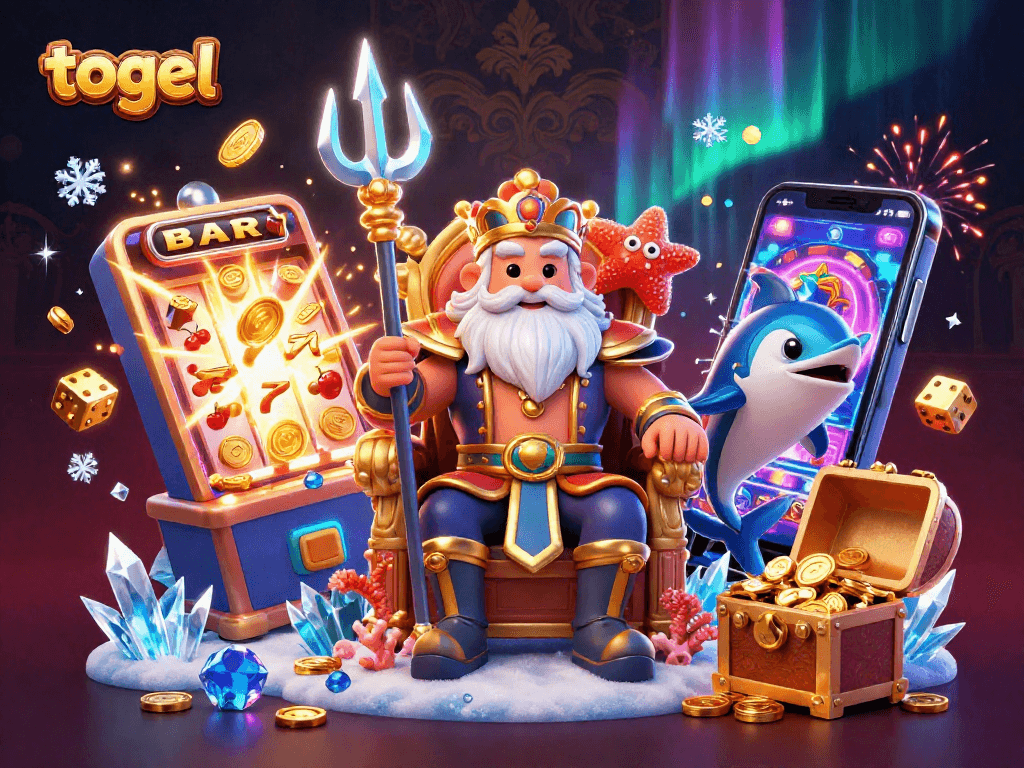 Engage with togel strategy in a vibrant casino scene featuring Neptune and dynamic game elements.